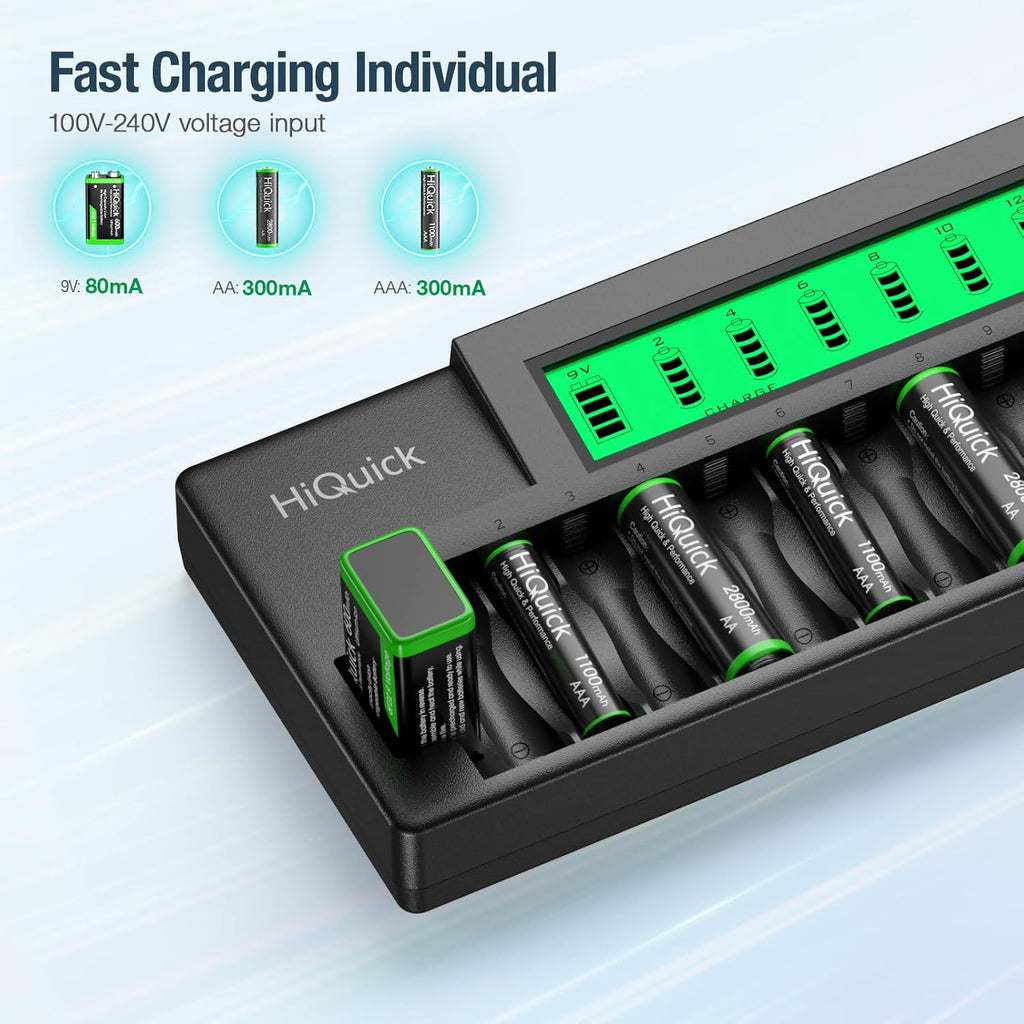 16+2 Bay Battery Charger, Fast Charge for AA AAA 9V NiMH/NiCD, LCD | Charge up to 16 AA/AAA & 2 9V batteries at once，