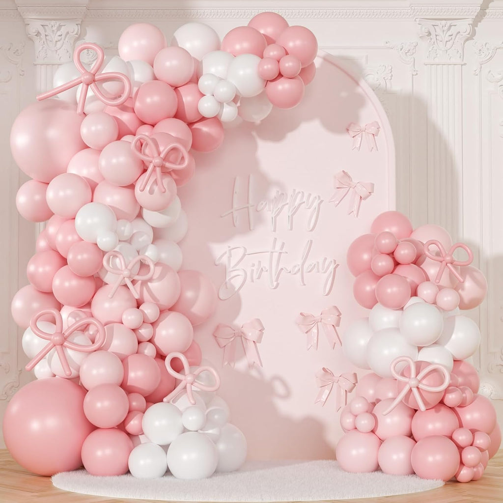 Coquette Birthday Decorations 145 Pcs Pink and White Balloon Garland Arch Kit Include Light Pink White Bow Balloons