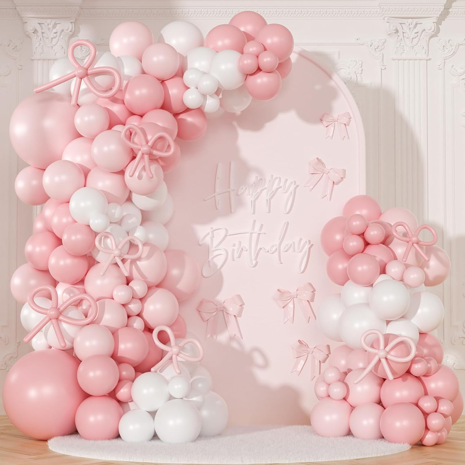 Coquette Birthday Decorations 145 Pcs Pink and White Balloon Garland Arch Kit Include Light Pink White Bow Balloons