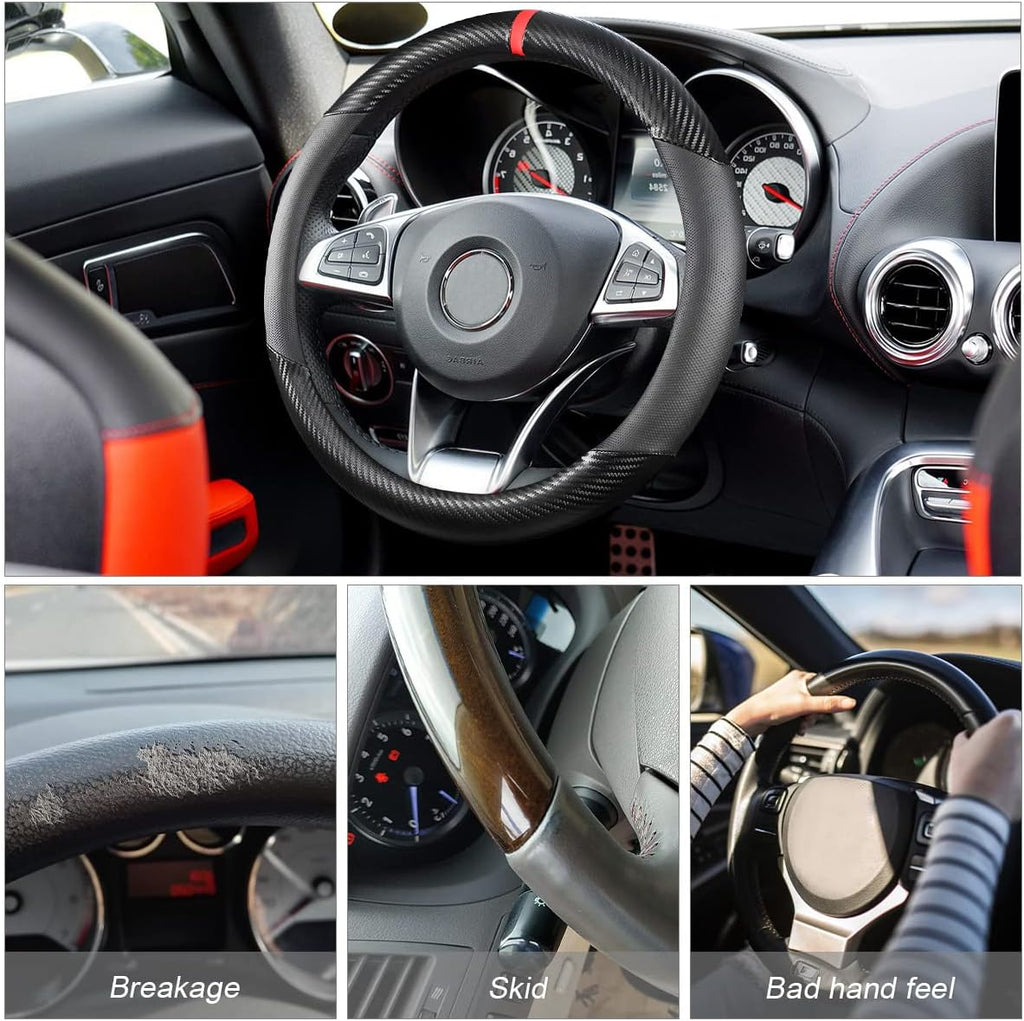 Carbon Fiber Steering Wheel Cover, Universal 15 inch Breathable Anti Slip, Black, Leather & Carbon Fiber, Truck &