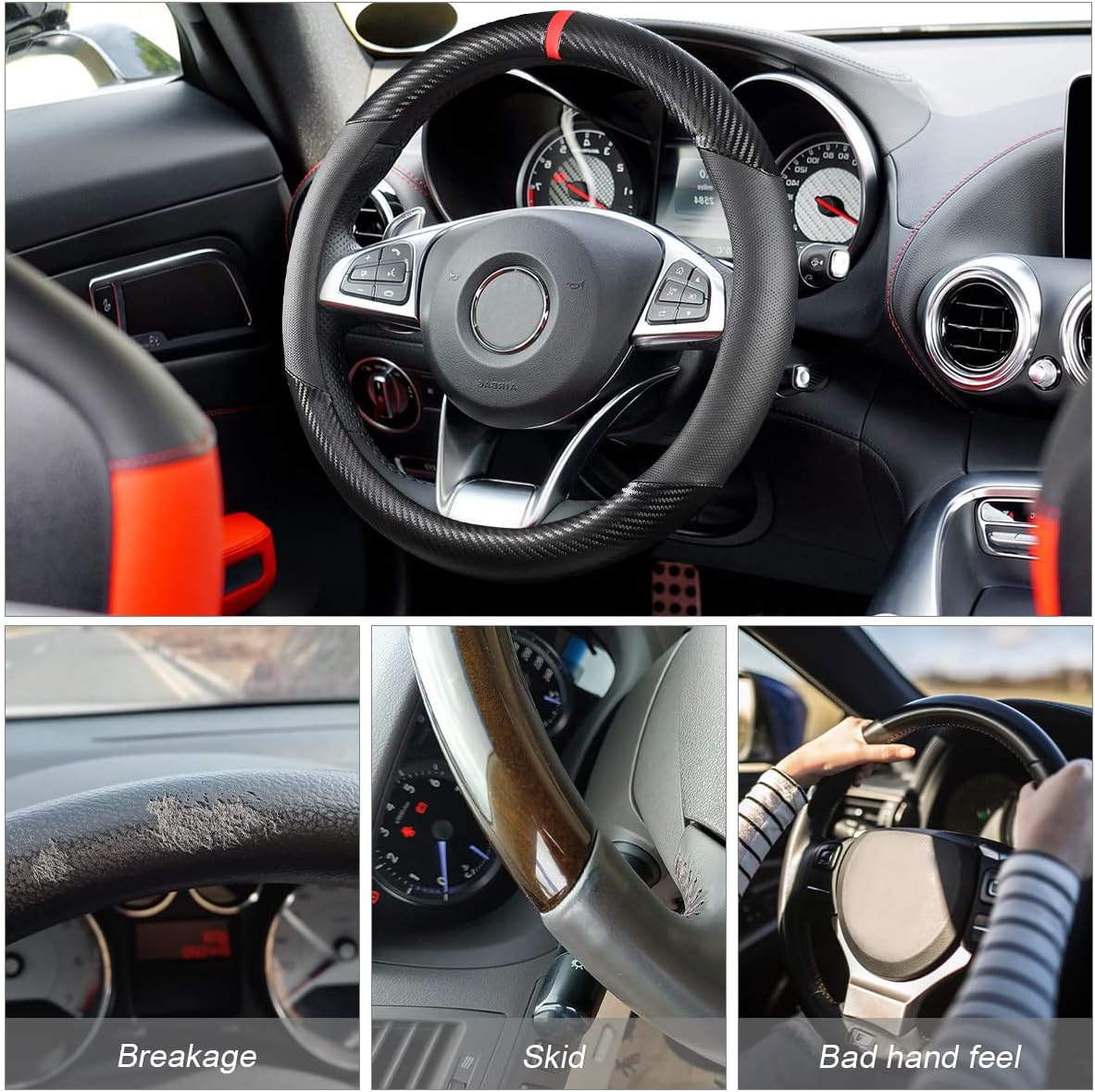 Carbon Fiber Steering Wheel Cover, Universal 15 inch Breathable Anti Slip, Black, Leather & Carbon Fiber, Truck &