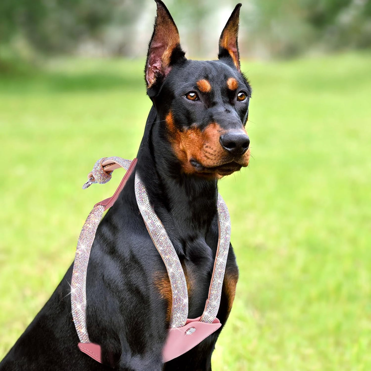 Rhinestone Dog Harness, Pink Leather No Pull Vest with Bling Multicolor Crystals, Adjustable Soft Walking Harness for