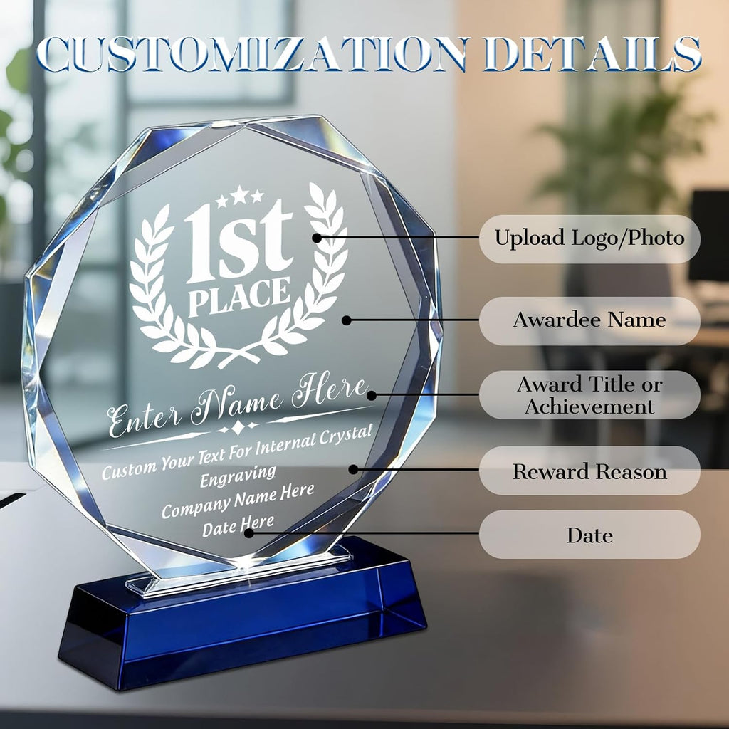 Customizable Crystal Award Trophy with Company Logo Text & Employee Name