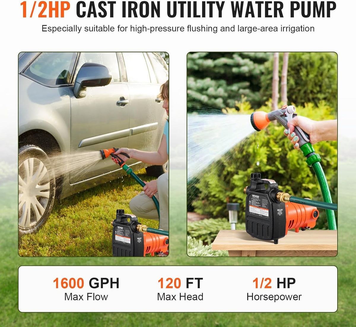 VEVOR Cast Iron Water Transfer Pump, 115V AC, 1600 GPH 1/2HP, Portable