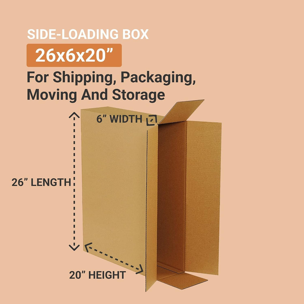 Side Loading Shipping Boxes Large 26"L x 6"W x 20"H 10-Pack - Corrugated Cardboard Box for Moving, Mailing, Packing