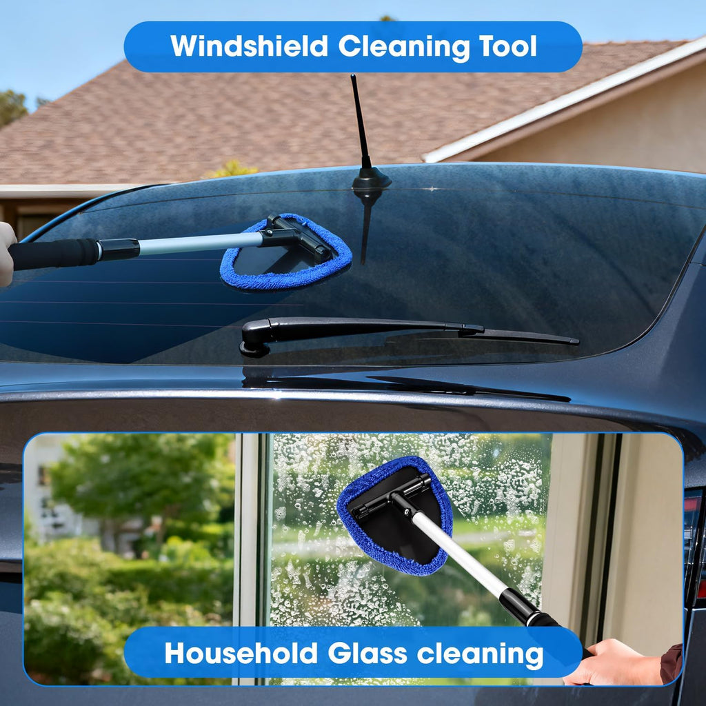 Windshield Cleaner Tool, Car Interior Cleaning Kit with Extendable Handle and 3 Reusable Microfiber Pads, Auto Glass
