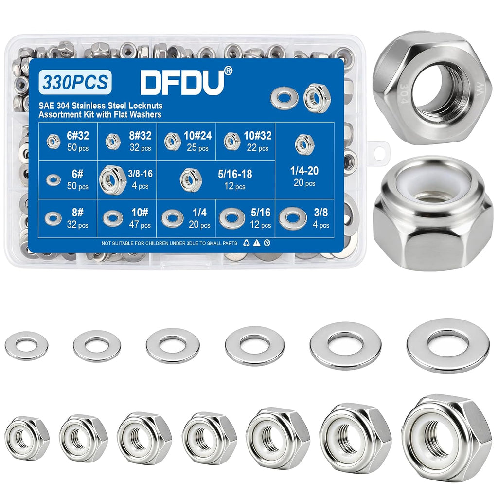 SAE Lock Nut Flat Washer Kit 330Pcs 304 Stainless Nylon Insert Locknut