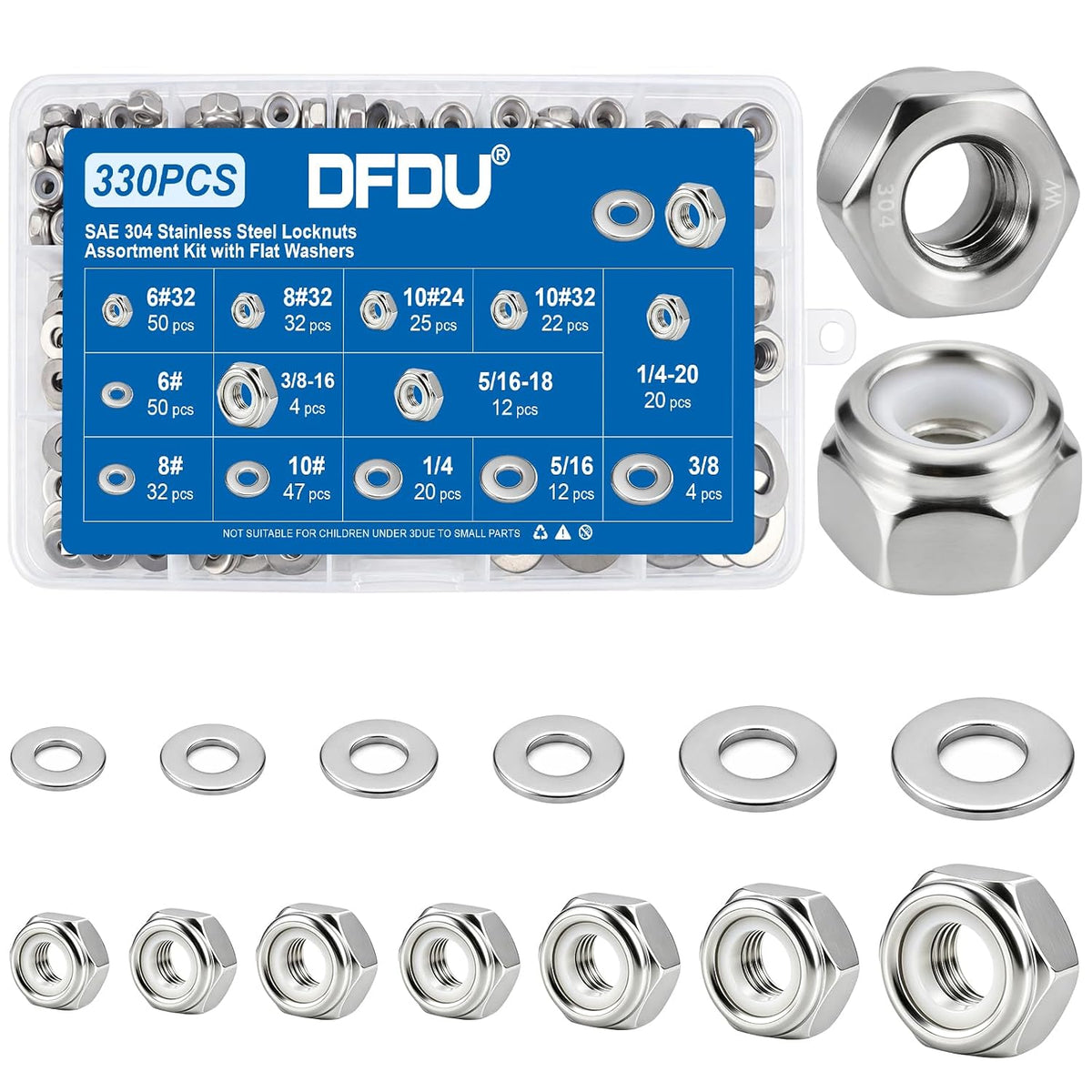 SAE Lock Nut Flat Washer Kit 330Pcs 304 Stainless Nylon Insert Locknut