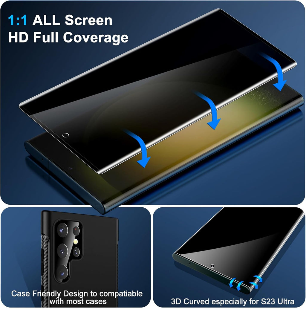 [2+2 Pack] Galaxy S23 Ultra Privacy Screen Protector, 9H Tempered Glass, Ultrasonic Fingerprint Support, 3D Curved