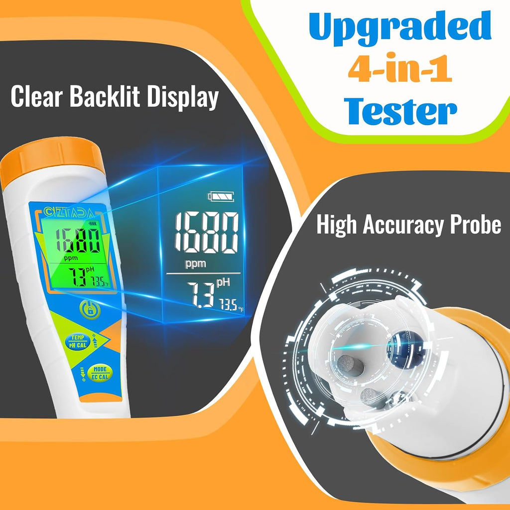 Digital pH Tester Water pH EC PPM Meter for Hydroponics Nutrients | pH Conductivity TDS Temperature Monitor Meter