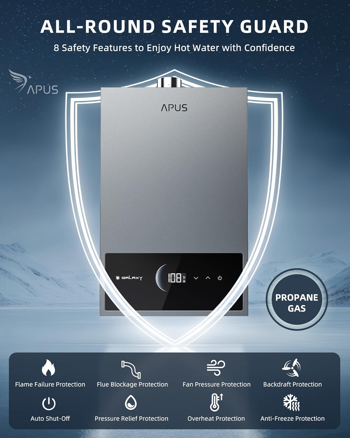 Tankless Water Heater Propane Gas, Up to 4.42 GPM, Indoor Hot Water Heater, 95,000 BTU on Demand Instant Hot Water