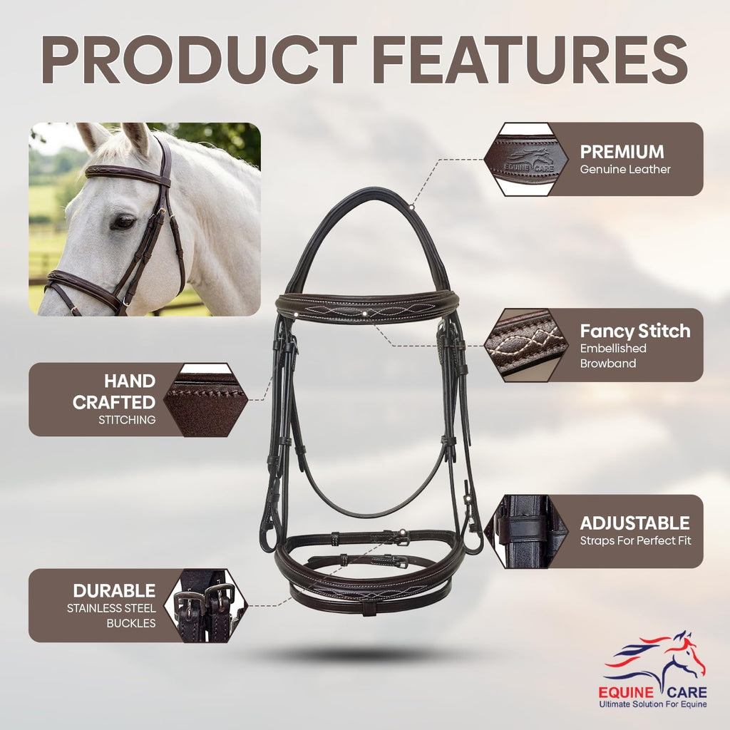 English Horse Bridle with Reins, Padded, 6 Browband Styles