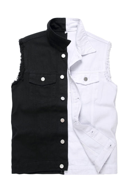 Color Block Denim Jacket,Black and White Spider Punk Vintage Black Sleeveless Jean Jacket For Men(918Black White,3XL)