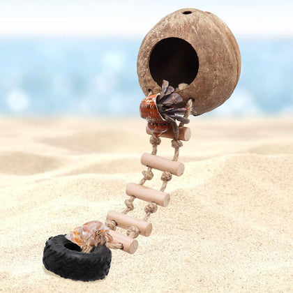 Hermit Crab Climbing Toy, Natural Coconut Reptile Hideout with Ladder, Hanging Coconut Reptile House, Cage or Tank