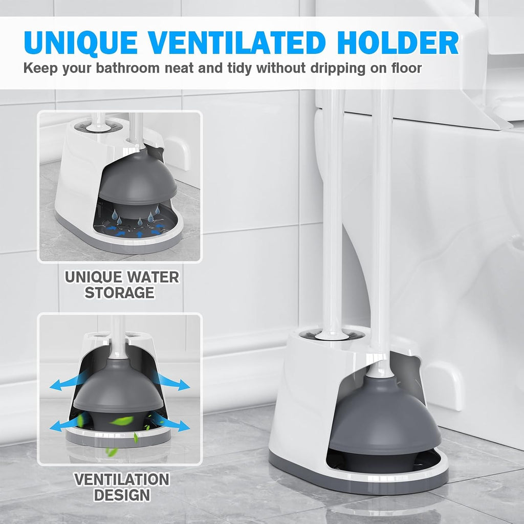 Toilet Plunger and Brush Set, Bowl Brush and Heavy Duty Toilet Plunger with Ventilated Holder, 2-in-1 Toilet Brush