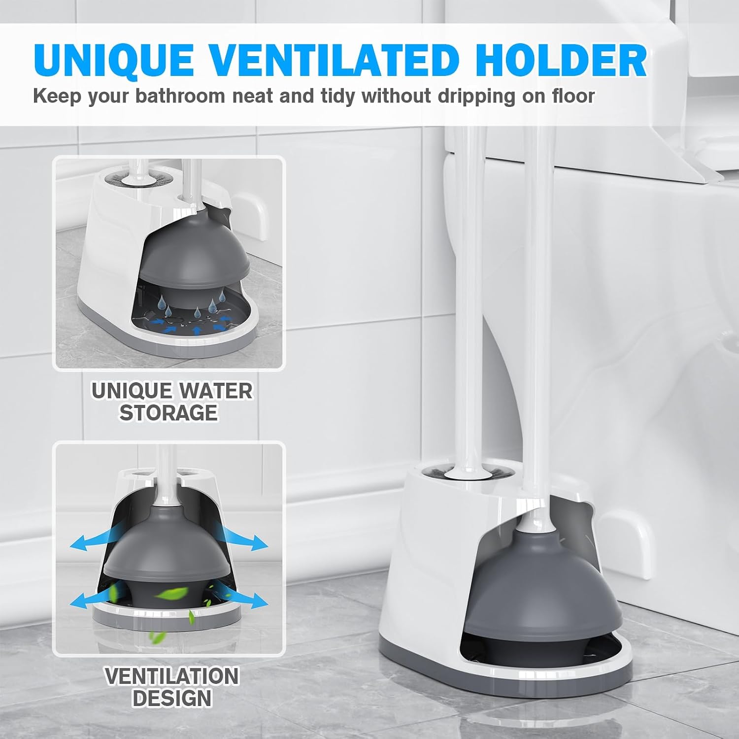 Toilet Plunger and Brush Set, Bowl Brush and Heavy Duty Toilet Plunger with Ventilated Holder, 2-in-1 Toilet Brush