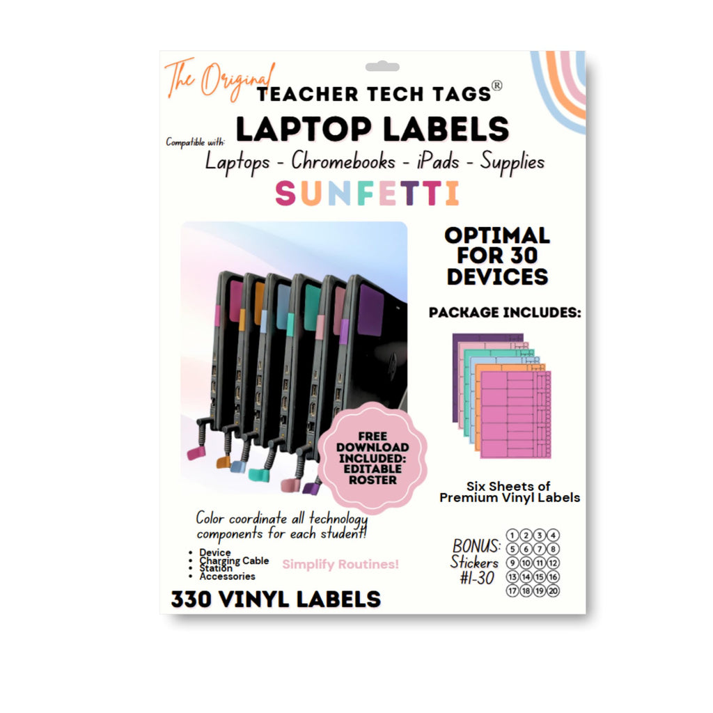 Classroom Color Coded Chromebook Laptop Labels for Student Classroom Devices (Sunfetti, Qty for 30)