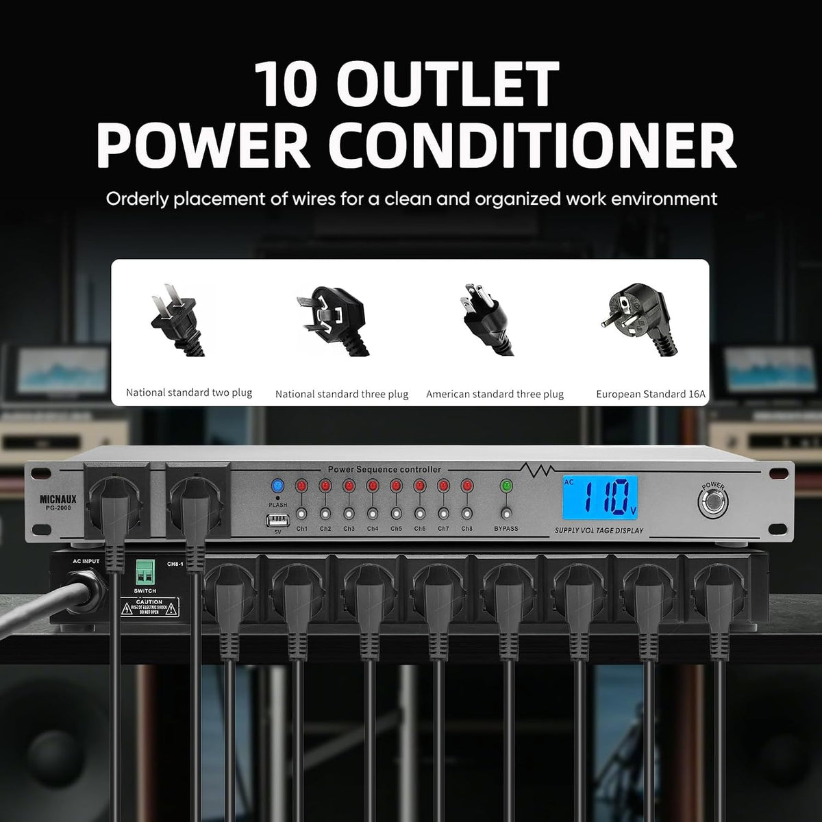Rack Mount Power Conditioner 20A Sequencer for Audio Equipment, 10 Outlets 2000W Power Supply with 8 Independent