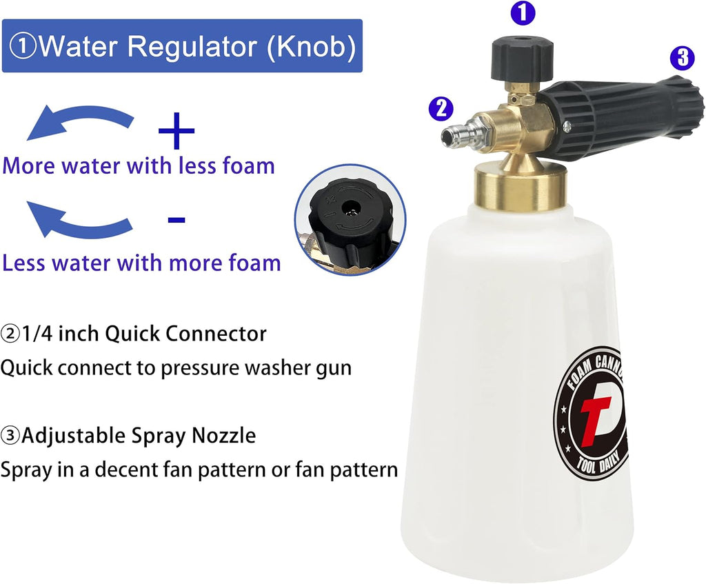 Pressure Washer Foam Cannon, Additional Orifice Nozzle 1.1mm | Adjustable Snow Foam Lance for Car Wash, 1/4 Inch