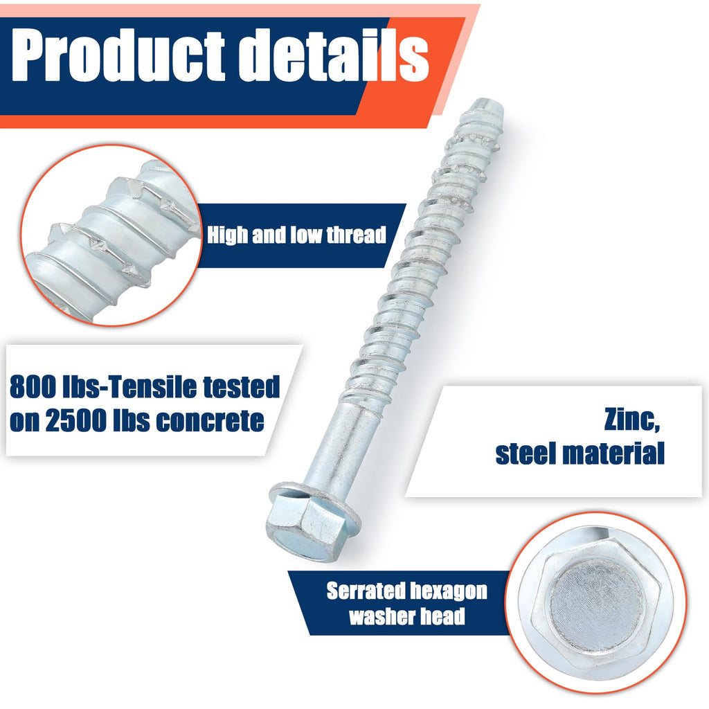 40 Pack 1/2" X 5" Concrete Anchors and Screw Kits Galvanized