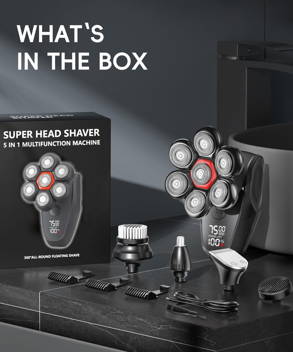Head Shavers for Bald Men, 5-in-1 Grooming Kit, 7D Rotary Electric Shaver