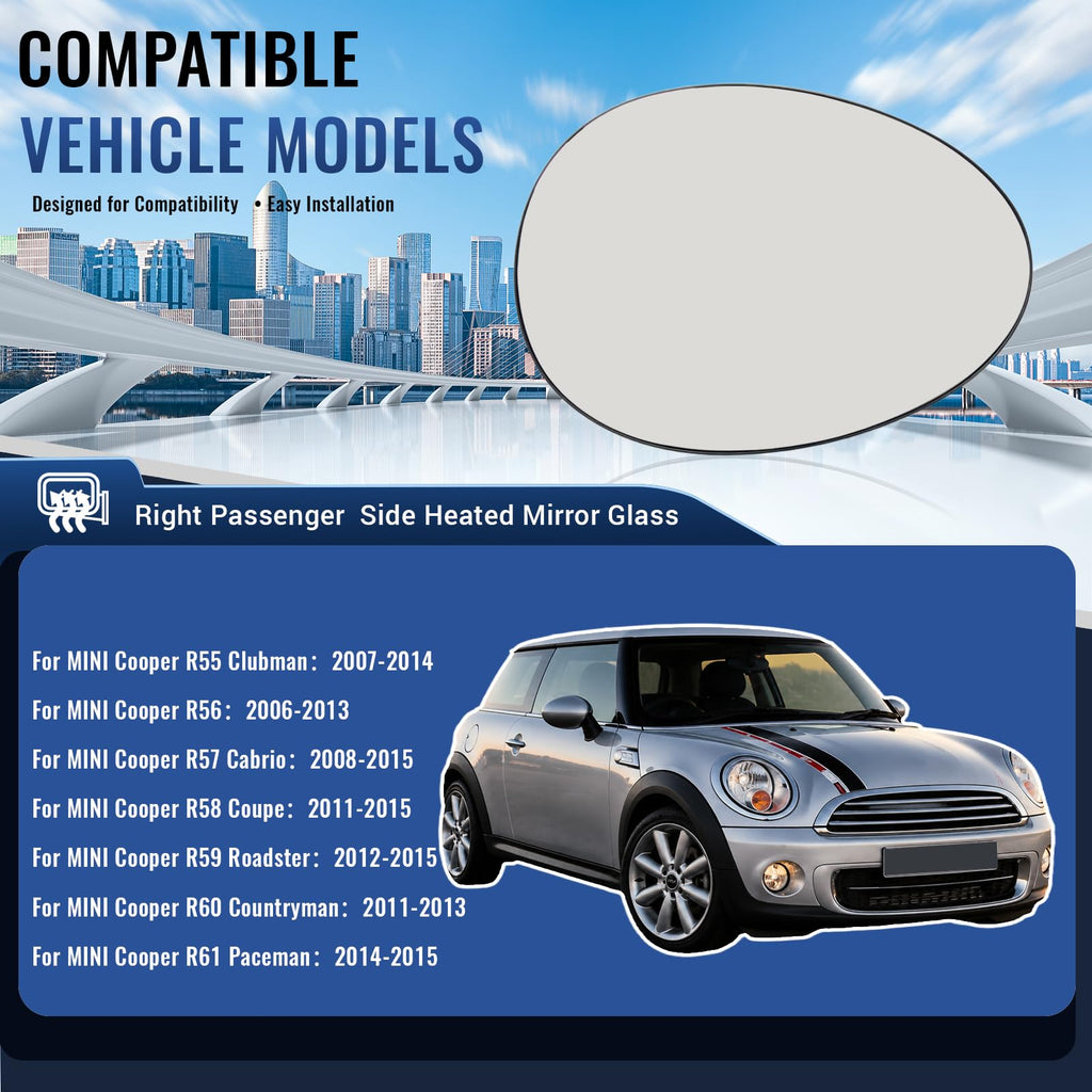 Right Passenger Side Mirror Glass Replacement for 2007-2015 Mini Cooper