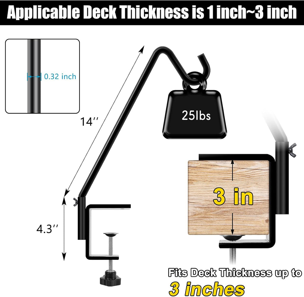 2 Pack 14 Inch Deck Hook, Deck Bird Feeder Hanger, Applicable Deck Thickness 1 Inch-3 Inch