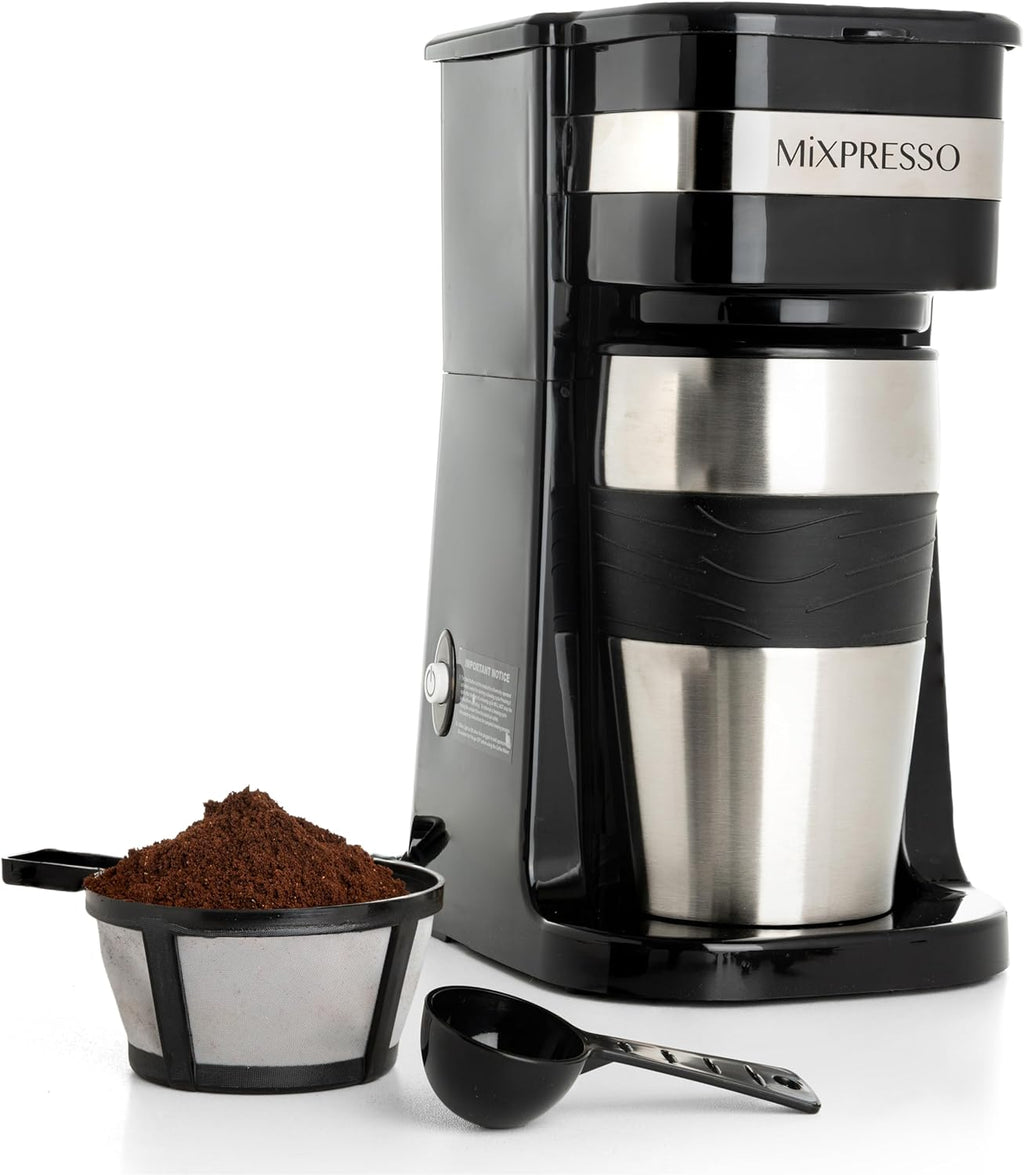 Single Serve & Single Cup Coffee Maker with 14oz Travel Mug Black | For ground coffee only, reusable filter, auto