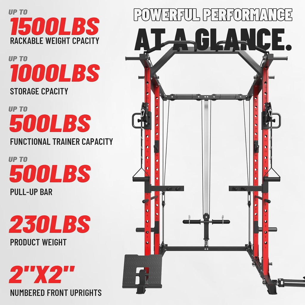 Power Cage, Power Rack with Cable Crossover System, 1500LBS Squat Rack with LAT Pull Down System, Workout Cage with