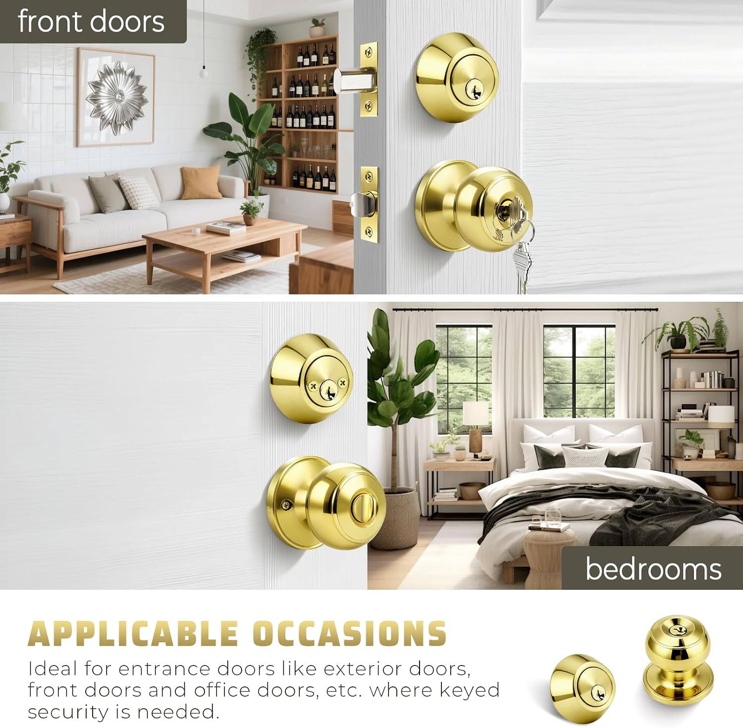2 Pack Keyed Alike Door Knob and Double Cylinder Deadbolt Set, Exterior Door Lock Set, Polished Brass