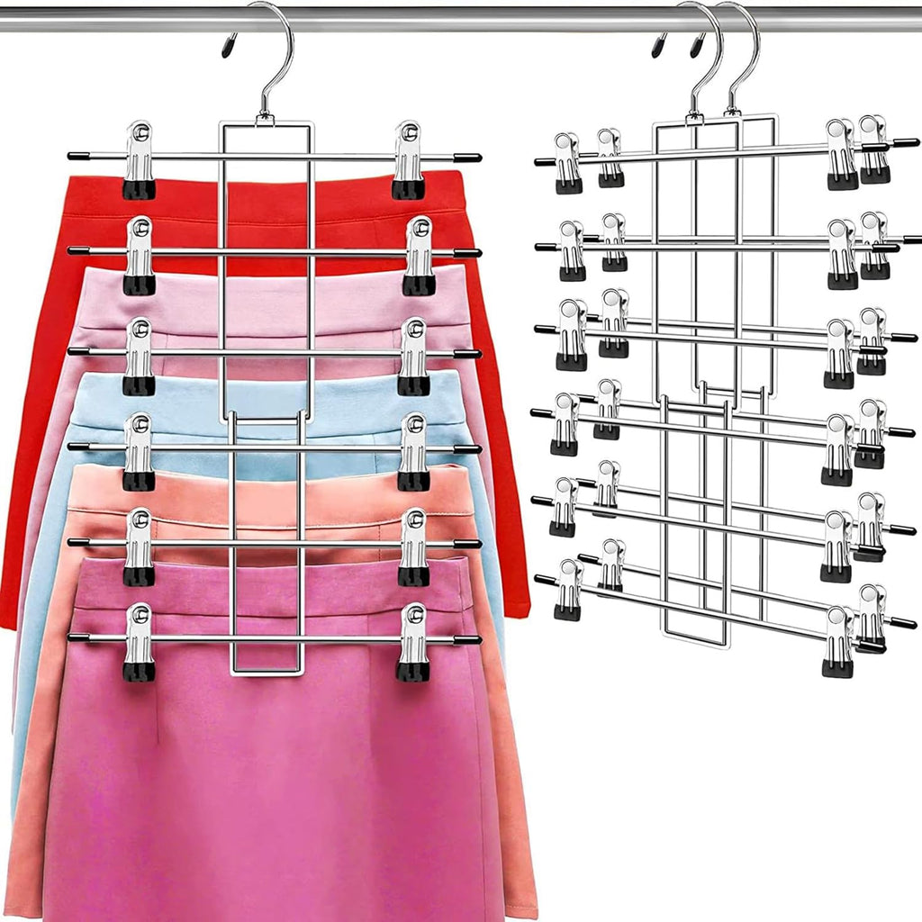 Pants Hangers with Clips,Space Saving Hanging Closet Organizer-6 Tiers Skirt Hangers with 360° Swivel Hook,Closet