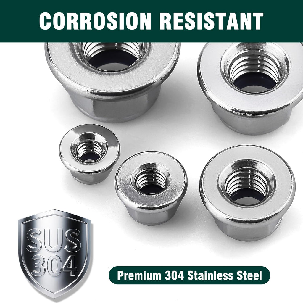 1/4-20 Flanged Nylon Insert Hex Locknuts Lock Nuts, 304 Stainless Steel 18-8, Bright Finish, Coarse Thread UNC, A2-70 SS, 50 Pcs