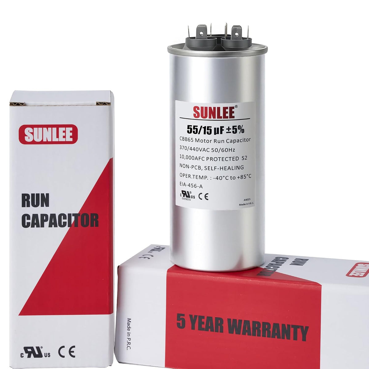 SUNLEE AC Capacitor 55/15 uF 370V / 440V CBB65 Dual Run Round - 55/15 MFD Run Capacitor for HVAC, Air Conditioner Condenser - UL Recognized & 5 Year Warranty