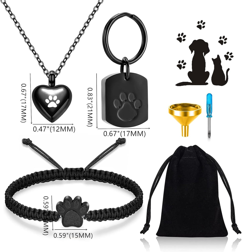 3 Pcs Pet Cremation Jewelry Urn Necklaces Bracelet Keychain for Ashes for Women Men Cat Dog Paw Print Ashes Keepsake