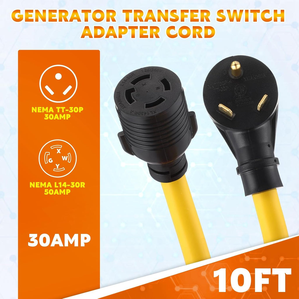 10ft NEMA TT-30P to L14-30R Generator Transfer Switch Adapter Cord | 30 Amp 3 Prong to 4 Prong Generator to House