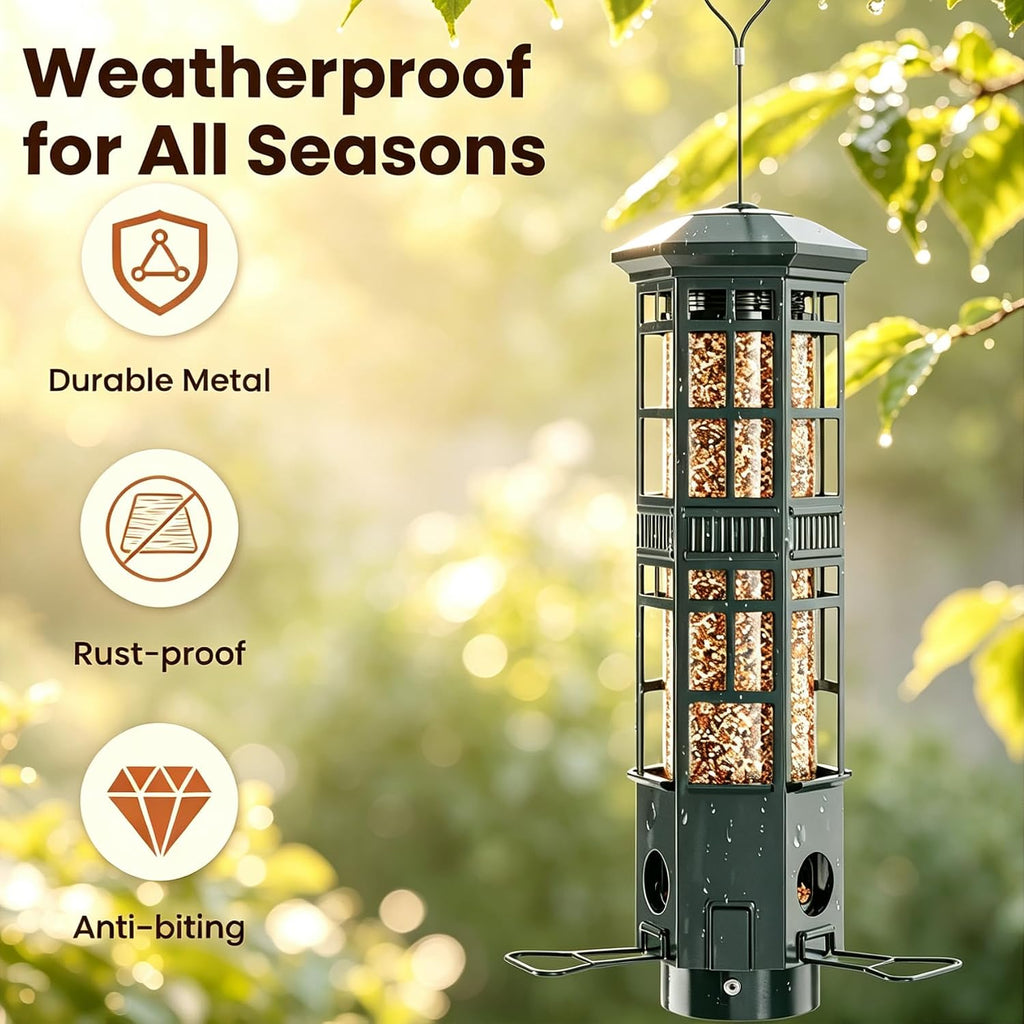 Metal Hanging Squirrel Proof Bird Feeders, Gravity Spring Closure System, Chew Resistant, Large Capacity