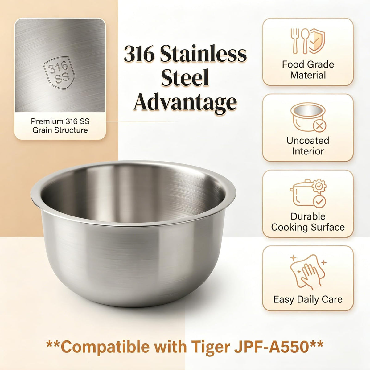 Rice Cooker Inner Pot 3 Cup Compatible with Tiger JPF-A550 Rice Maker