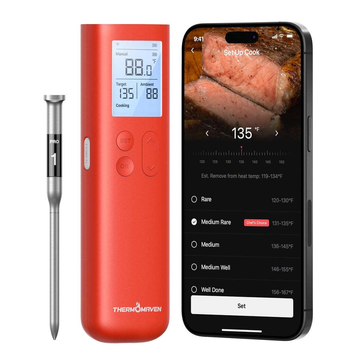Sub-1G Smart Wireless Meat Thermometer with Standalone Base