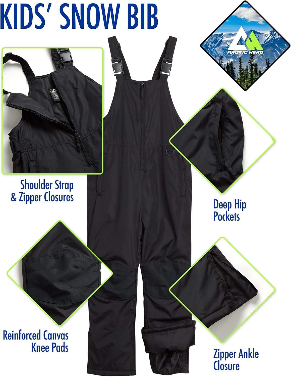 Kids Snow Bibs Waterproof Insulated Bib Overalls (2T-18) | Heavyweight Weatherproof Warmth, Adjustable Straps and