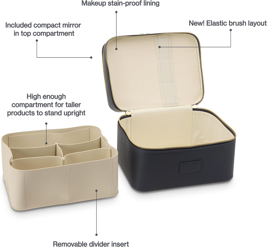 Duo Vanity Case Navy - Large Functional Travel Makeup Bag Organizer with Removable Divider & Mirror