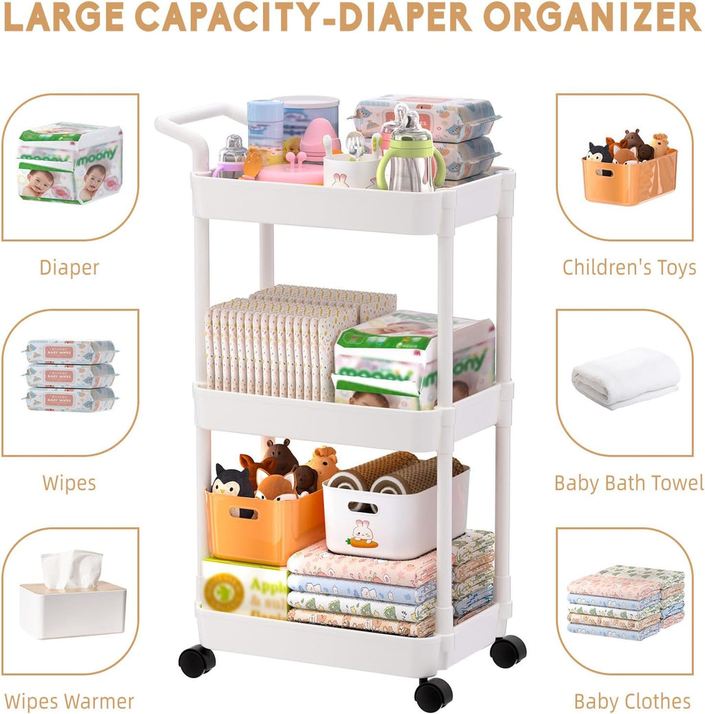Baby Diaper Caddy, Plastic Movable Cart for Newborn Nursery Essentials Diaper Storage Organizer for Changing Table &