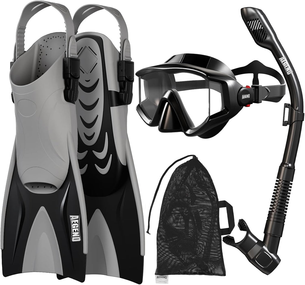 4-in-1 Snorkeling Gear for Adult Men Women with Travel Mesh Bag | Anti-Fog Panoramic Mask Set, Adjustable Fins & Dry