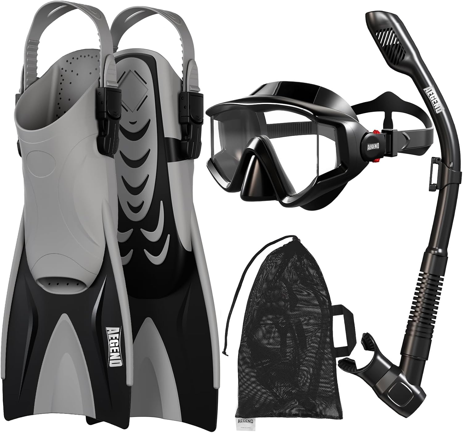 4-in-1 Snorkeling Gear for Adult Men Women with Travel Mesh Bag | Anti-Fog Panoramic Mask Set, Adjustable Fins & Dry