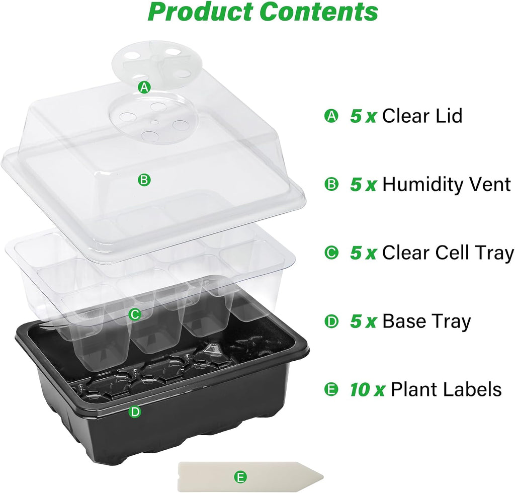 5-Pack Seed Starter Trays, Humidity Dome, Base, 12-Cell Tray, Black | Adjustable Vents Control Humidity &