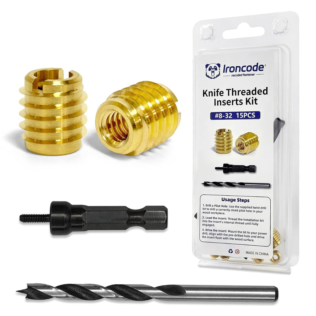 Threaded Inserts for Wood, Installation Kit, Brass, Includes #8-32 Knife Thread Inserts (15pcs), Drill, Installation Tool