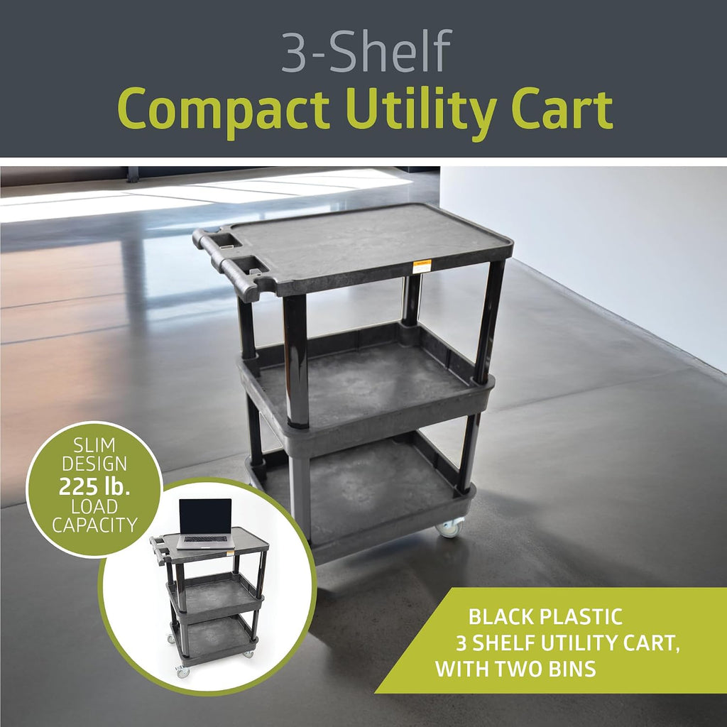 3-Shelf Multipurpose Mobile Utility Cart with 2 Bins and Lockable Wheels, Heavy-Duty Plastic Rolling Presentation