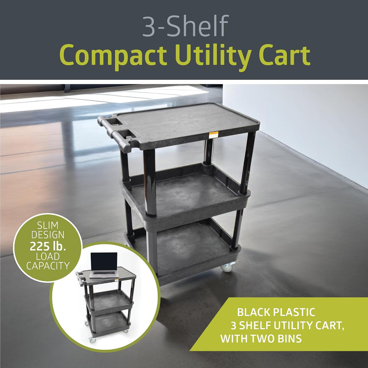 3-Shelf Multipurpose Mobile Utility Cart with 2 Bins and Lockable Wheels, Heavy-Duty Plastic Rolling Presentation