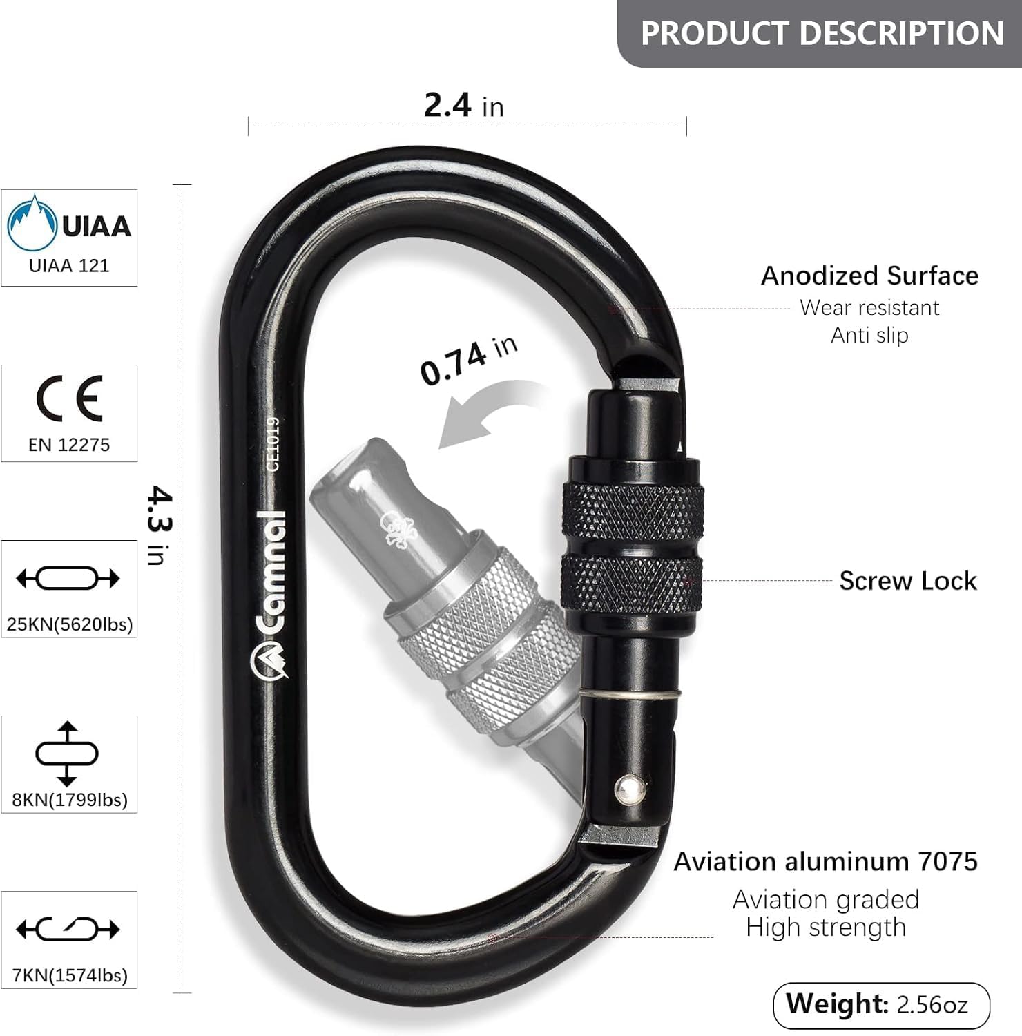 Heavy Duty Carabiner, 25kn(About 5620 lbs) Oval Carabiner Clip O-Shape Rock Climbing Carabiner Lightweight Caribeener