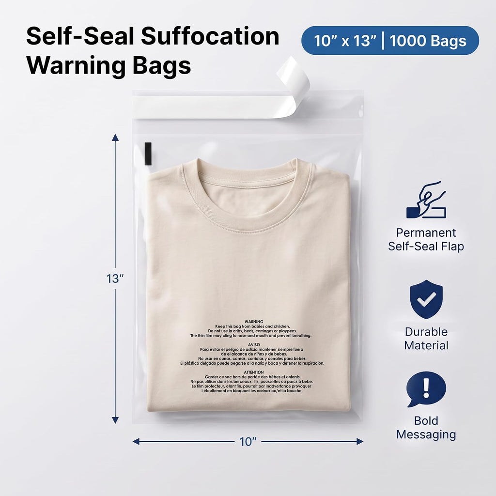 10" X 13" (1000 Count) Self Seal Clear Poly Bags with Suffocation Warning