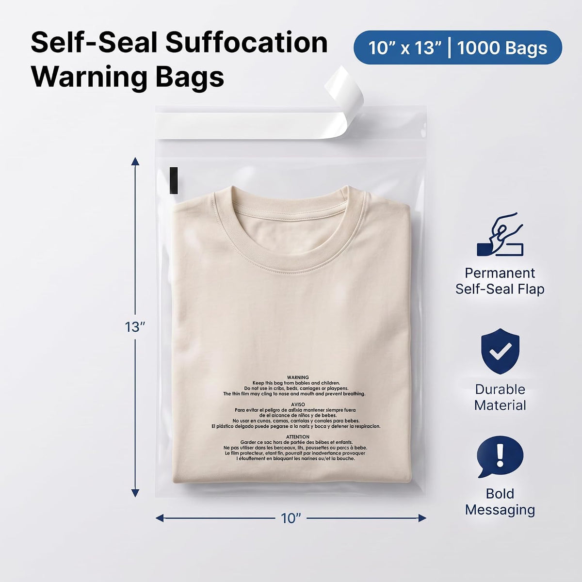 10" X 13" (1000 Count) Self Seal Clear Poly Bags with Suffocation Warning